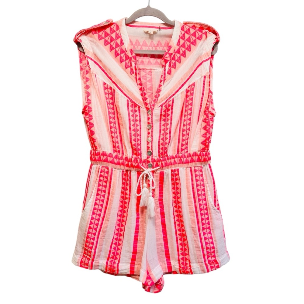 Elan bright neon pink Aztec printed romper with tie waist, size Large